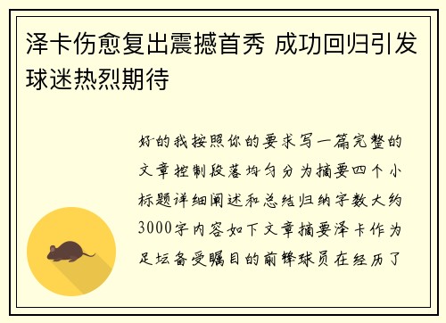泽卡伤愈复出震撼首秀 成功回归引发球迷热烈期待