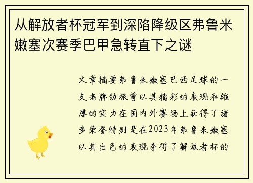 从解放者杯冠军到深陷降级区弗鲁米嫩塞次赛季巴甲急转直下之谜